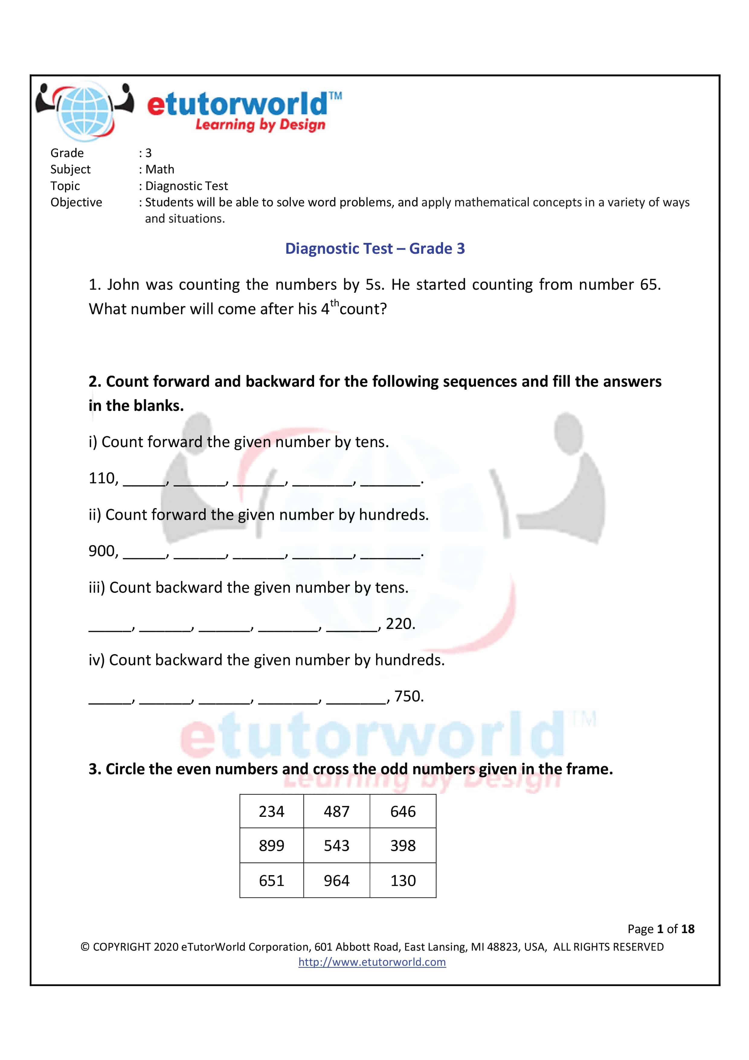 3rd Grade Math Worksheets - Sample Page 1