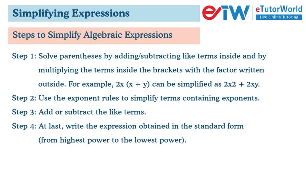 Steps to Simplify Algebraic Expressions