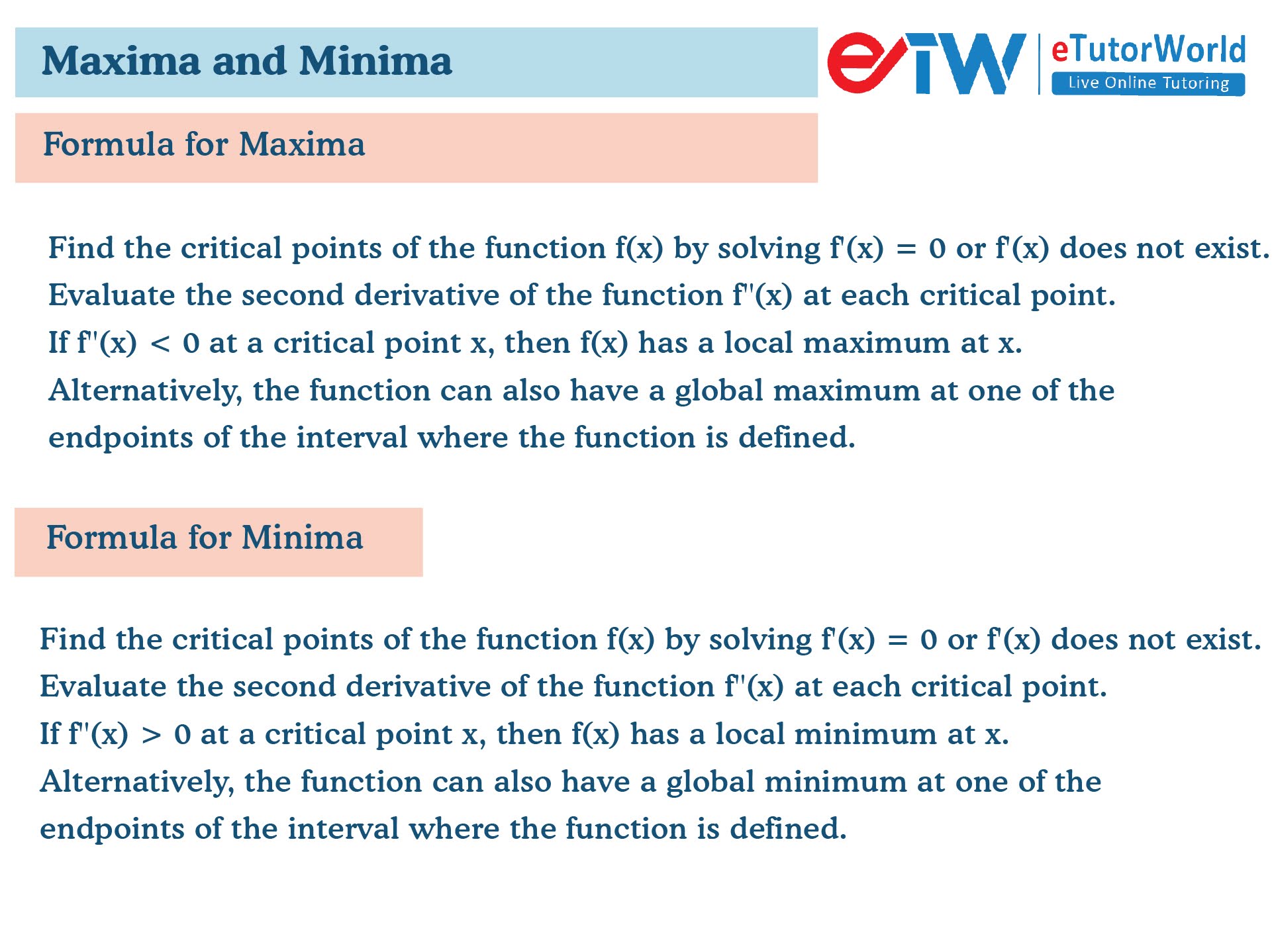 formula for maxima and minima